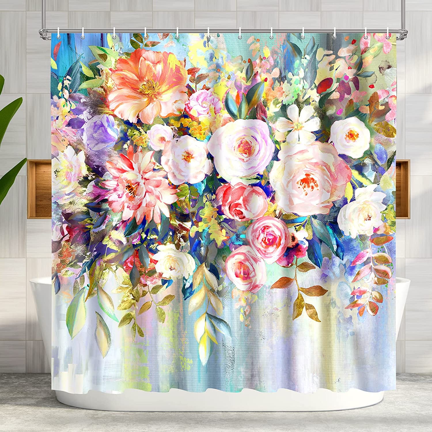 Shower Curtain,Flower Shower Curtains Set with 12 Hooks,Bathroom Fabric