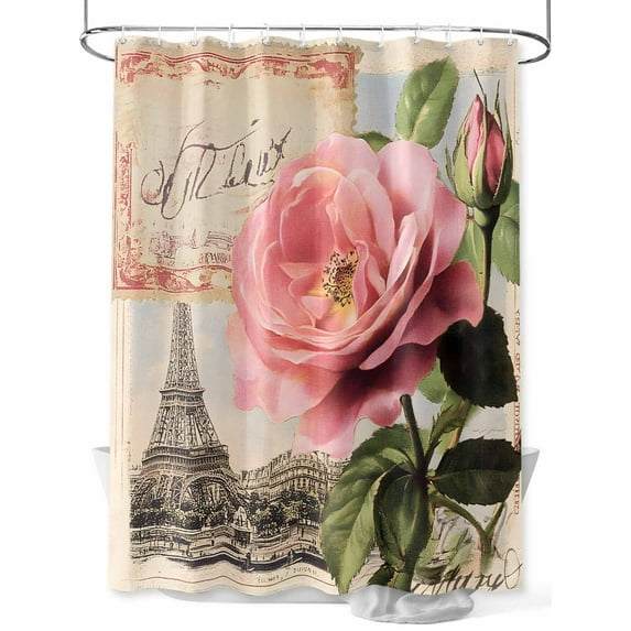 Shower Curtain Flowers Pink Shower Curtains for Bathroom, Waterproof Polyester Shower Curtain Set with Hooks, Extra Long 72" x 96" Eiffel Tower Vintage