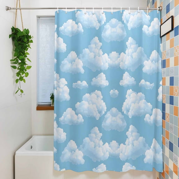 Shower Curtain, Fluffy White Clouds Waterproof Polyester Fabric Bath Curtain with Hooks for Bathroom Bathtub Stalls, Symmetrical Blue Sky Pattern 36x72IN