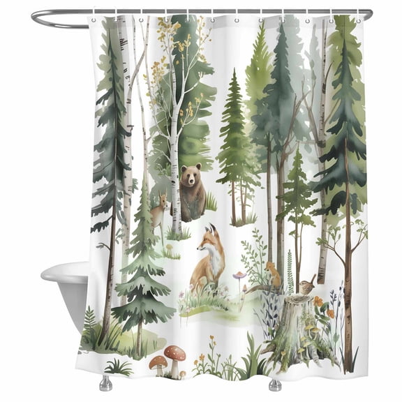 Shower Curtain Forest Animal Bathroom Curtains with Hooks, Waterproof Fabric Woodland Bear Fox Deer Bird Bath Shower Curtains Set for Bathroom Bathtubs Decor 72x72 Inch