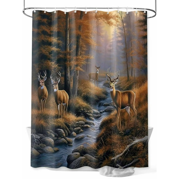 Shower Curtain Forest River Shower Curtains for Bathroom, Waterproof Polyester Shower Curtain Set with Hooks, Small Stall Size 36" x 72" Deer