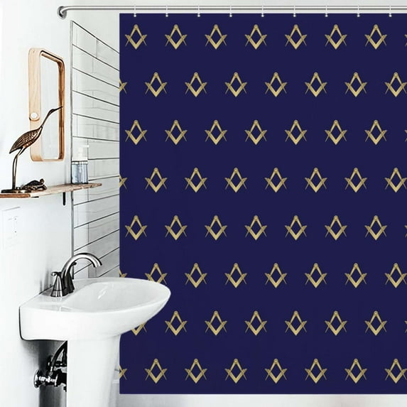 Shower Curtain Freemason Pattern Gold Blue Square And Compass Bath Curtain Polyester Fabric Bathroom Ration With Hooks