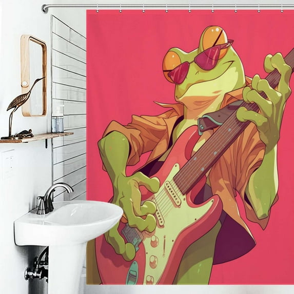 Shower Curtain Frog Playing Guitar Musical Frog Bath Curtain Polyester Fabric Bathroom Ration With Hooks