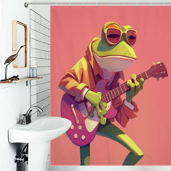 Shower Curtain Frog Playing Guitar Musical Frog Bathroom Waterproof Polyester Home Ration Curtain With Hook