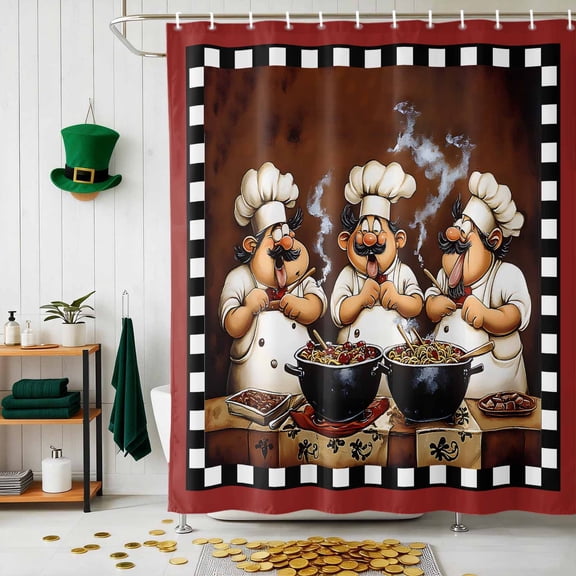 Shower Curtain, Fun Chef Food Kitchen Cooking Waterproof Shower Curtain Set with Hooks for Bathroom Showers,Stalls and Bathtubs,72x72In Black White Checked