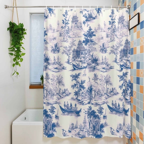 Shower Curtain, Garden House Boat Chinese Style Waterproof Polyester Fabric Bath Curtain with Hooks for Bathroom Bathtub Stalls, Chinoiserie Classic Style 36x72IN