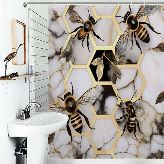 Shower Curtain Geometric Pattern With Bee Bath Curtain Polyester Fabric Bathroom Ration With Hooks