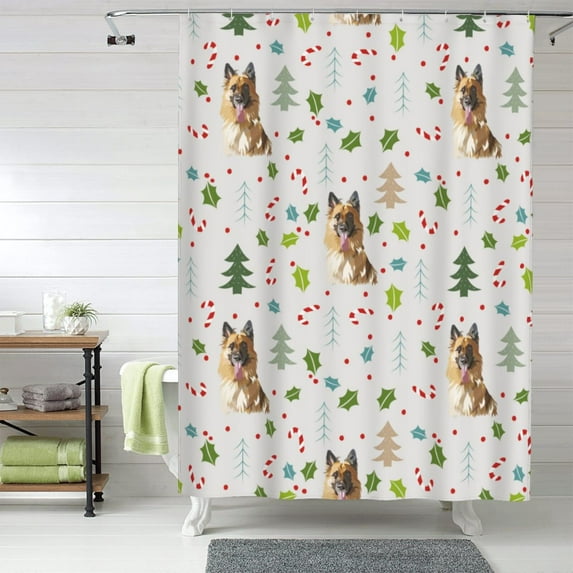 Shower Curtain, German Shepherd Dog Christmas Waterproof Fabric Plastic Shower Curtain, Drying Fast Bathroom Curtain with 9 Buttonholes, Ruffle Shower Curtain 60x72in