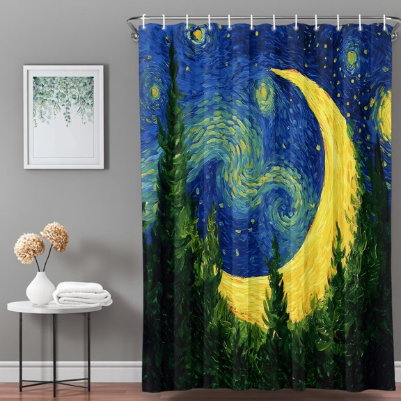 Shower Curtain,Giant Moon Forest Expressionist Art Waterproof Shower Curtain Set with Hooks for Bathroom Showers,Stalls and Bathtubs,36x72in,Dreamy Night Navy Blue
