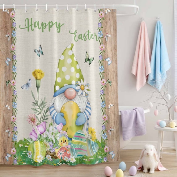 Shower Curtain, Gnome Easter Egg Butterfly Spring Flower Waterproof Shower Curtain Set with Hooks for Bathroom Showers,Stalls and Bathtubs,60x72In Farm Brown Plank Retro Linen