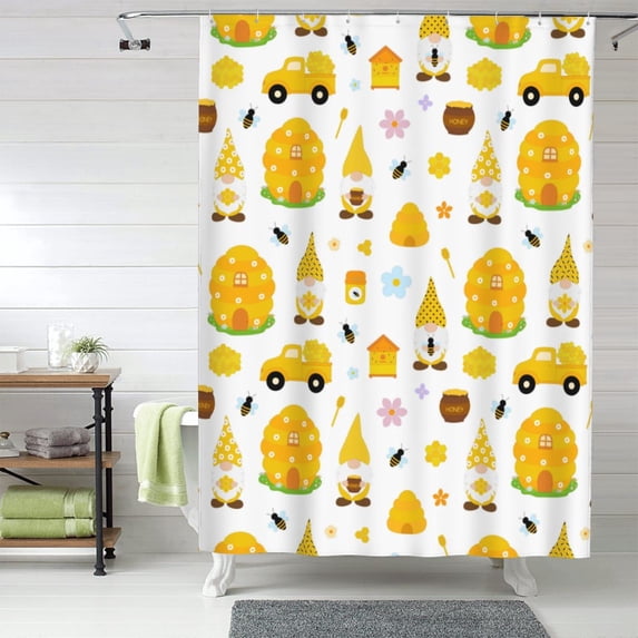 Shower Curtain, Gnomes Bees Waterproof Fabric Plastic Shower Curtain, Drying Fast Bathroom Curtain with 9 Buttonholes, Ruffle Shower Curtain 60x72in