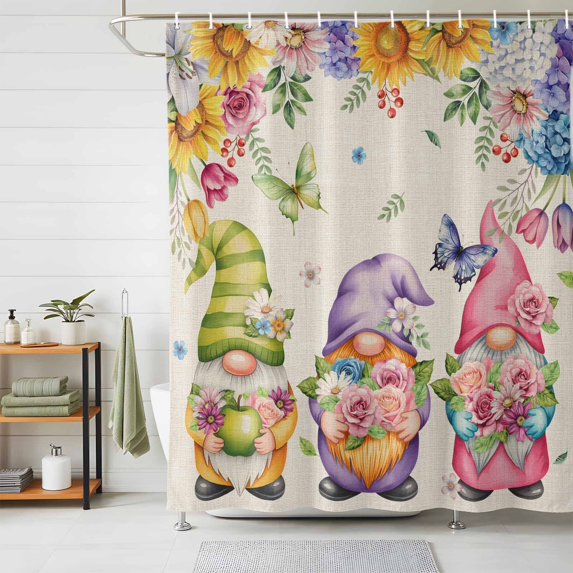 Shower Curtain Gnomes Spring Flowers Shower Curtains for Bathroom Decor, Waterproof Polyester Shower Curtain Set with Hooks, Extra Long 72" x 78" Colorful Butterfly
