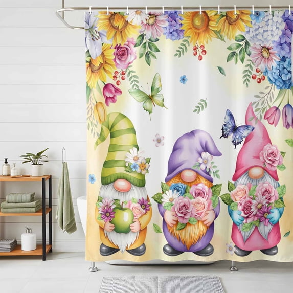 Shower Curtain Gnomes Spring Flowers Shower Curtains for Bathroom Decor, Waterproof Polyester Shower Curtain Set with Hooks, Extra Long 72" x 84" Sunflower Hydrangea