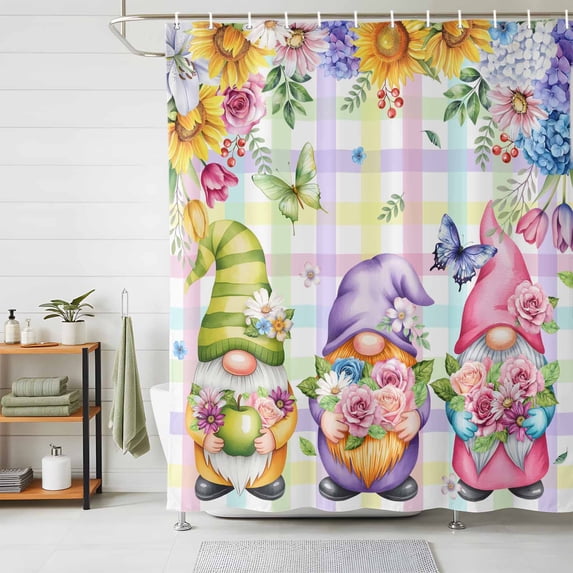 Shower Curtain Gnomes Spring Flowers Shower Curtains for Bathroom Decor, Waterproof Polyester Shower Curtain Set with Hooks, Standard Size 72" x 72" Colorful Plaid