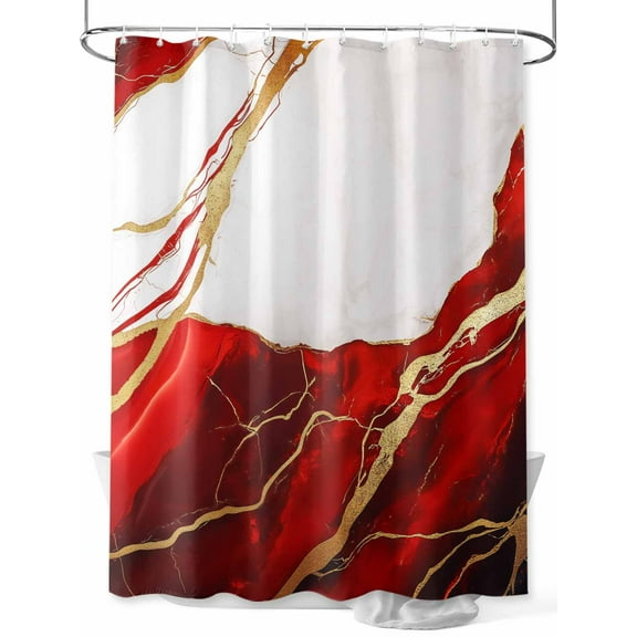 Shower Curtain Gold Red Marble Bathroom Curtains with Hooks, Waterproof Fabric Abstract Marble Bath Shower Curtains Set for Bathroom Bathtubs Decor 36x72 Inch
