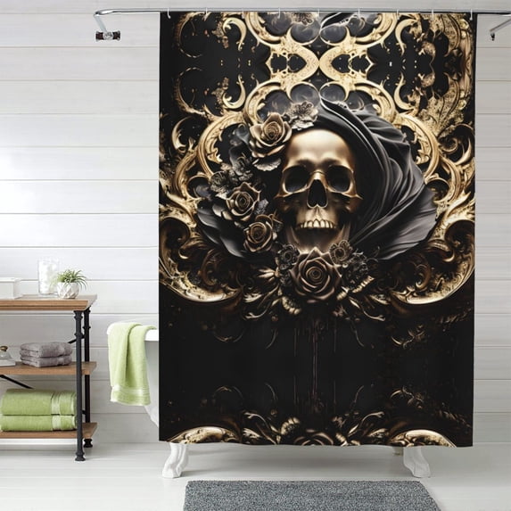 Shower Curtain, Gold Rose Skull Waterproof Fabric Plastic Shower Curtain, Drying Fast Bathroom Curtain with 9 Buttonholes, Ruffle Shower Curtain 60x72in