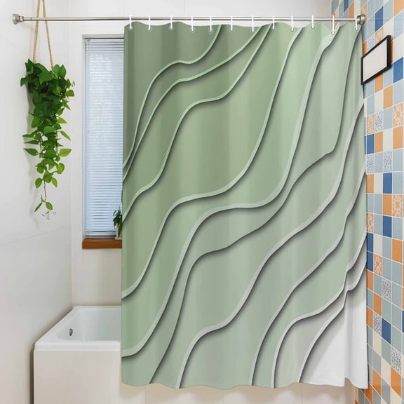 Shower Curtain, Gradient Sage Green Ocean Wave Line Waterproof Polyester Fabric Bath Curtain with Hooks for Bathroom Bathtub Stalls, Simple Striped 36x72IN