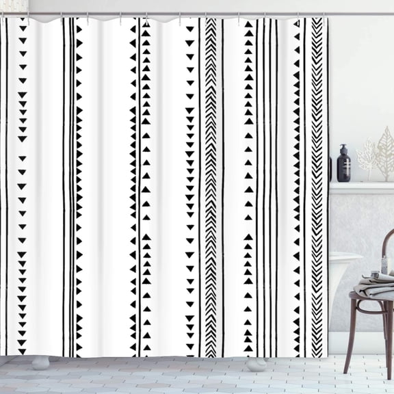 Shower Curtain Gray African Triangle Stripes Herringbone Pattern Monochromatic Black White Modern Geometric Bathroom Waterproof Polyester Fabric 72 x 84 Inches Set with Hooks