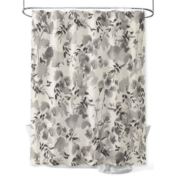 Shower Curtain Gray Floral Bathroom Curtains with Hooks, Waterproof Fabric Watercolor Wildflowers Linen Bath Shower Curtains Set for Bathroom Bathtubs Decor 36x72 Inch