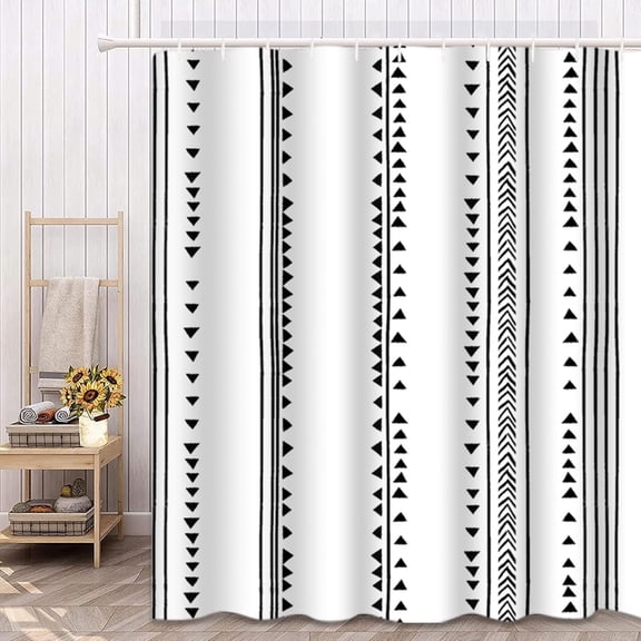 Shower Curtain Gray Triangle Stripes Boho Bohemian Herringbone Pattern Monochromatic Black White Modern Geometric Bathroom Waterproof Polyester Fabric Set with Hooks 72"W x 72"L (Pack of 1)