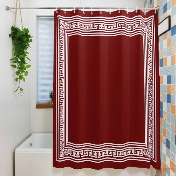 Shower Curtain, Greek Abstract Inspired Key Pattern Waterproof Polyester Fabric Bath Curtain with Hooks for Bathroom Bathtub Stalls, Geometric Twist Line on Red 72x72IN