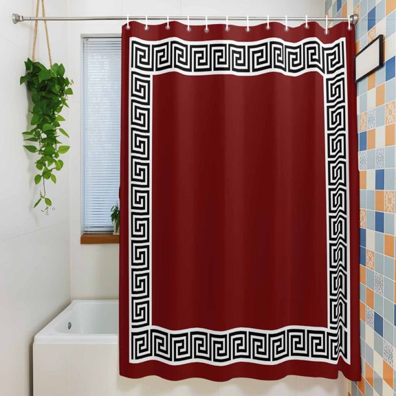 Shower Curtain, Greek Geometric Inspired Twist Line Waterproof Polyester Fabric Bath Curtain with Hooks for Bathroom Bathtub Stalls, Abstract Key Pattern on Red 72x84IN
