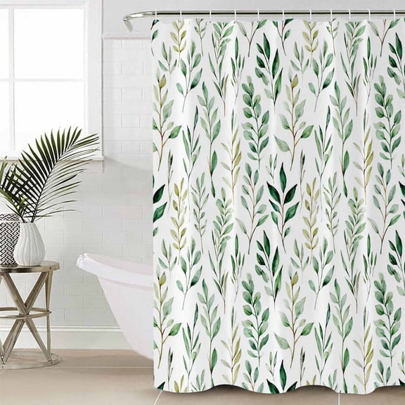 Shower Curtain Green Botanical Leaves on White Waterproof Shower Curtain Set with Hooks for Bathroom Showers,Stalls and Bathtubs,48x72In Watercolor Foliage Plant