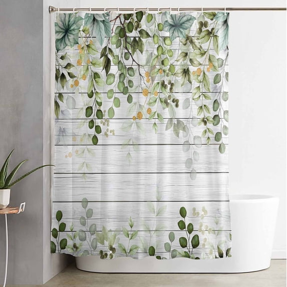 Shower Curtain Green Eucalyptus Leaves Watercolor Waterproof Shower Curtain Set with Hooks for Bathroom Showers,Stalls and Bathtubs,54x78InFarm Vintage Wood Board