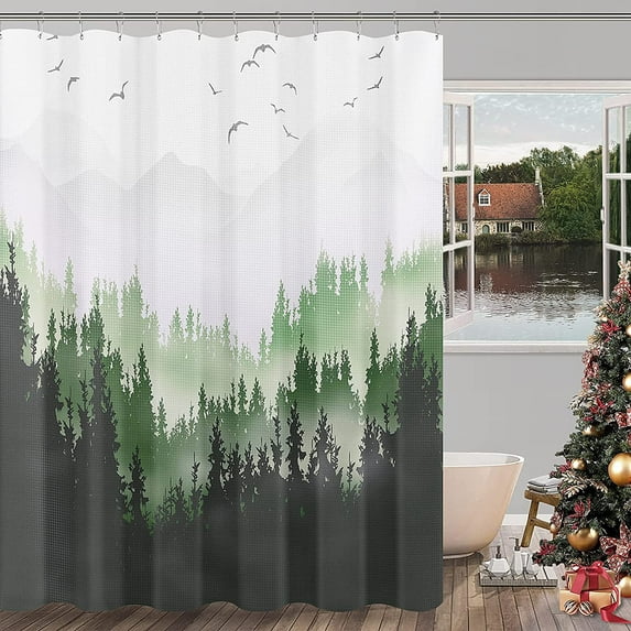 Shower Curtain Green Forest Ombre Shower Curtain Set White Mountain Shower Curtains for Bathroom Nature Waffle Fabric Water Repellent Bathroom Decor Bath Curtains for Hotels, 72x72