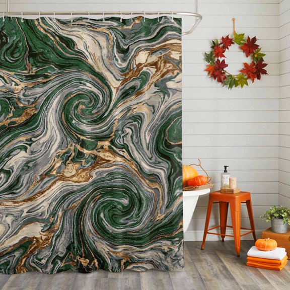Shower Curtain,Green Gold Marble Swirl Fluid Pattern Waterproof Shower Curtain Set with Hooks for Bathroom Showers,Stalls and Bathtubs,36x72in,Agate Stone Texture