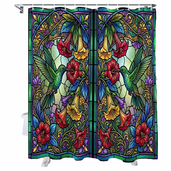 Shower Curtain Green Hummingbirds Shower Curtains for Bathroom Bathtub, Waterproof Fabric Shower Curtain Set with Hooks, Small Stall Size 36" x 72" Shiny Stained Glass Flowers