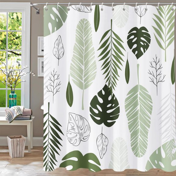 Shower Curtain,Green Leaf Shower Curtains for Bathroom,Green Palm Leaf Abstract Plant Botanical Shower Curtain Set,Waterproof Fabric Cloth Shower Curtains,Bathtub Curtain with Hooks72x72in