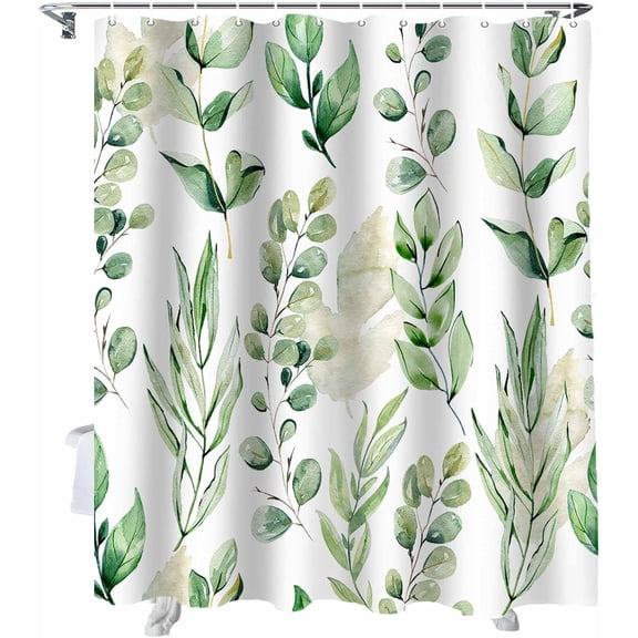 Shower Curtain Green Leaves Shower Curtains for Bathroom Decor Watercolor Plants Shower Curtain Sets with Hooks Waterproof Fabric Bath Curtain Small Stall 36" X 72"