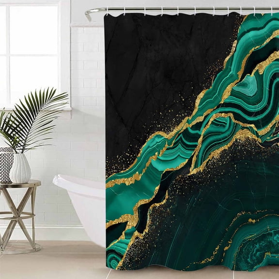 Shower Curtain Green Marble Stripes Gold Foil Waterproof Shower Curtain Set with Hooks for Bathroom Showers,Stalls and Bathtubs,48x72In Abstract Geometric