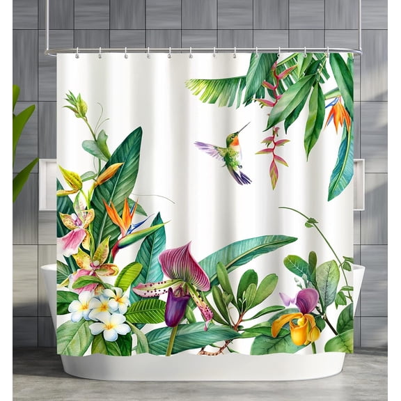 Shower Curtain Green Plants, Hummingbird Shower Curatin Waterproof Polyester Quick-Drying Shower Curtain Set for Bathroom 72x72 with 12 Hooks, Machine Washable Shower Curtain