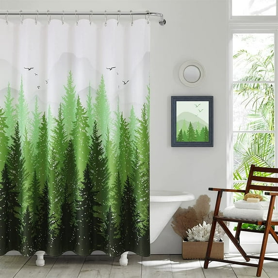 Shower Curtain Green Shower Curtain Mountain Forest Nature Tree Shower Curtain Set for Bathroom Water Repellent Summer Shower Curtains Bathtubs Hotel, 72 x 72 inch, Summer Green