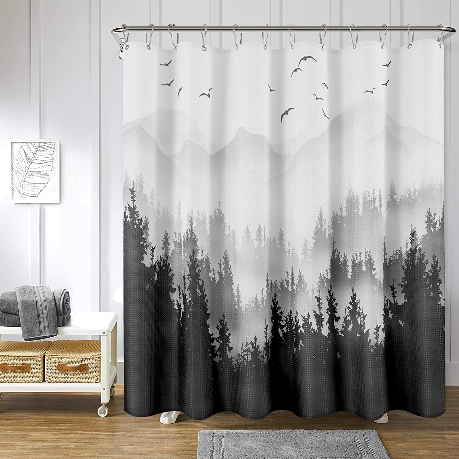 Shower Curtain Green Shower Curtain Mountain Forest Nature Tree Shower Curtain Set Summer Shower Curtains for Bathroom Water Repellent Bathtubs Hotel, 72 x 72 inch, Black Forest