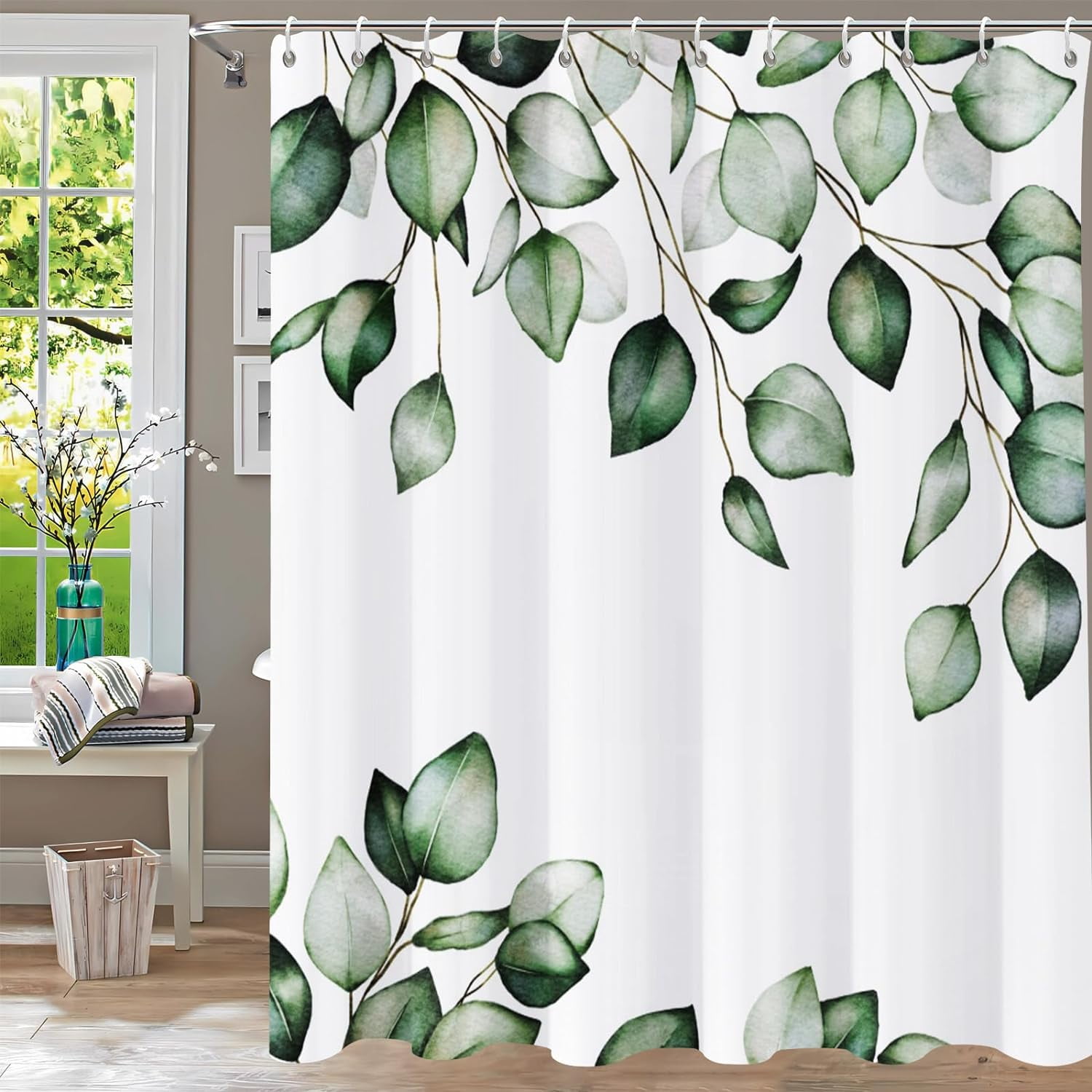 NECSOLE Tropical Leaf Shower Curtain - Watercolor Sage Green, Waterproof 72x72 Inch With Hooks, Bathroom Decor