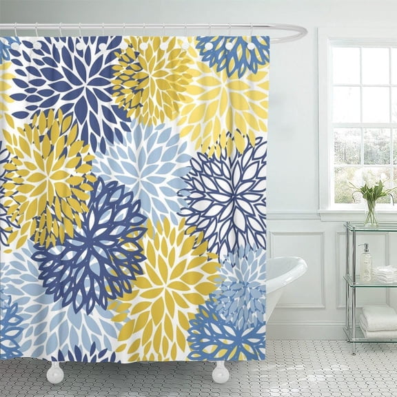 Shower Curtain Green Spring Flower Blue Yellow and Navy Chrysanthemum Brown Waterproof Polyester Fabric Bathroom 72 x 72 Inches Set with Hooks