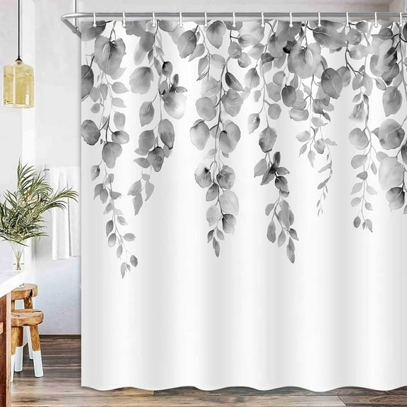 Shower Curtain Grey Eucalyptus Shower Curtains for Bathroom, Watercolor Plant Leaf Shower Curtain Set with Hooks, Rustic Fabric Cloth Bathroom Curtains, 72X72in