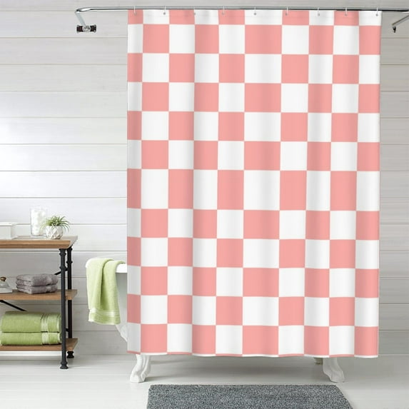 Shower Curtain, Groovy 70s vintage pink white Grid Waterproof Fabric Plastic Shower Curtain, Drying Fast Bathroom Curtain with 9 Buttonholes, Ruffle Shower Curtain 60x72in