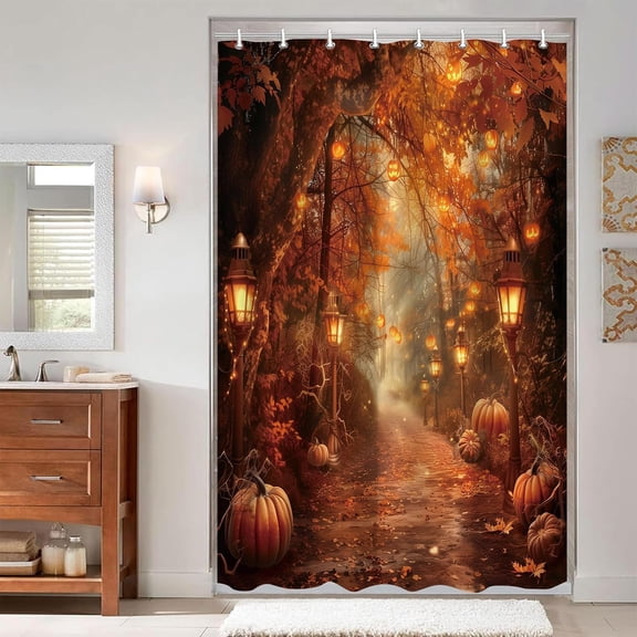 Shower Curtain Halloween Autumn Forest Path Pumpkin Lantern Vintage Street Light Fall Themed Bathroom Decoration for Home