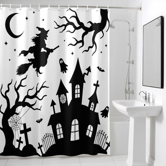 Shower Curtain, Halloween Haunted Castle Witch Ghost Waterproof Shower Curtain Set with Hooks for Bathroom Showers,Stalls and Bathtubs,36x72in, White Black Theme