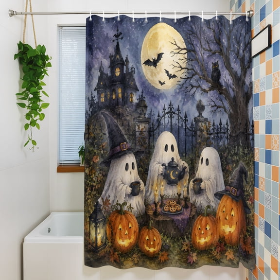 Shower Curtain, Halloween Night Ghost Pumpkin Waterproof Polyester Fabric Bath Curtain with Hooks for Bathroom Bathtub Stalls, Haunted Castle Full Moon 72x72IN