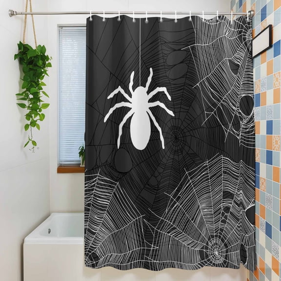 Shower Curtain, Halloween Spiders Spiderweb Texture Waterproof Polyester Fabric Bath Curtain with Hooks for Bathroom Bathtub Stalls, Black White 72x72IN