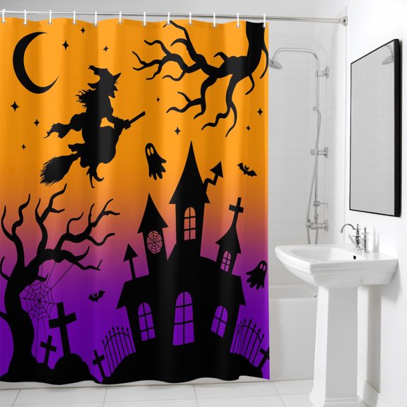 Shower Curtain, Halloween Witch Ghost Castle Waterproof Shower Curtain Set with Hooks for Bathroom Showers,Stalls and Bathtubs,36x72in, Orange Purple Gradient
