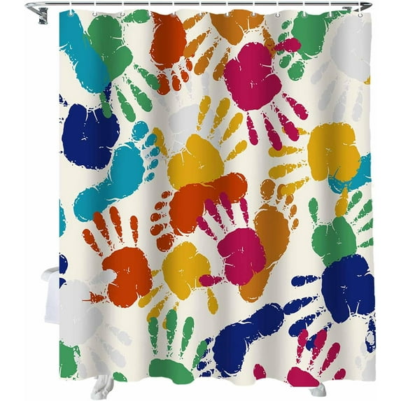 Shower Curtain Handprint Footprint Shower Curtains for Bathroom Decor Colorful Shower Curtain Sets with Hooks Waterproof Fabric Bath Curtain Standard 72" X 72"