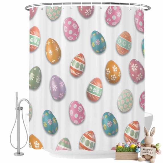 Shower Curtain, Happy Easter Watercolor Seamless Colorful Egg Waterproof Shower Curtain Set with Hooks for Bathroom Showers,Stalls and Bathtubs,66x72In White Back