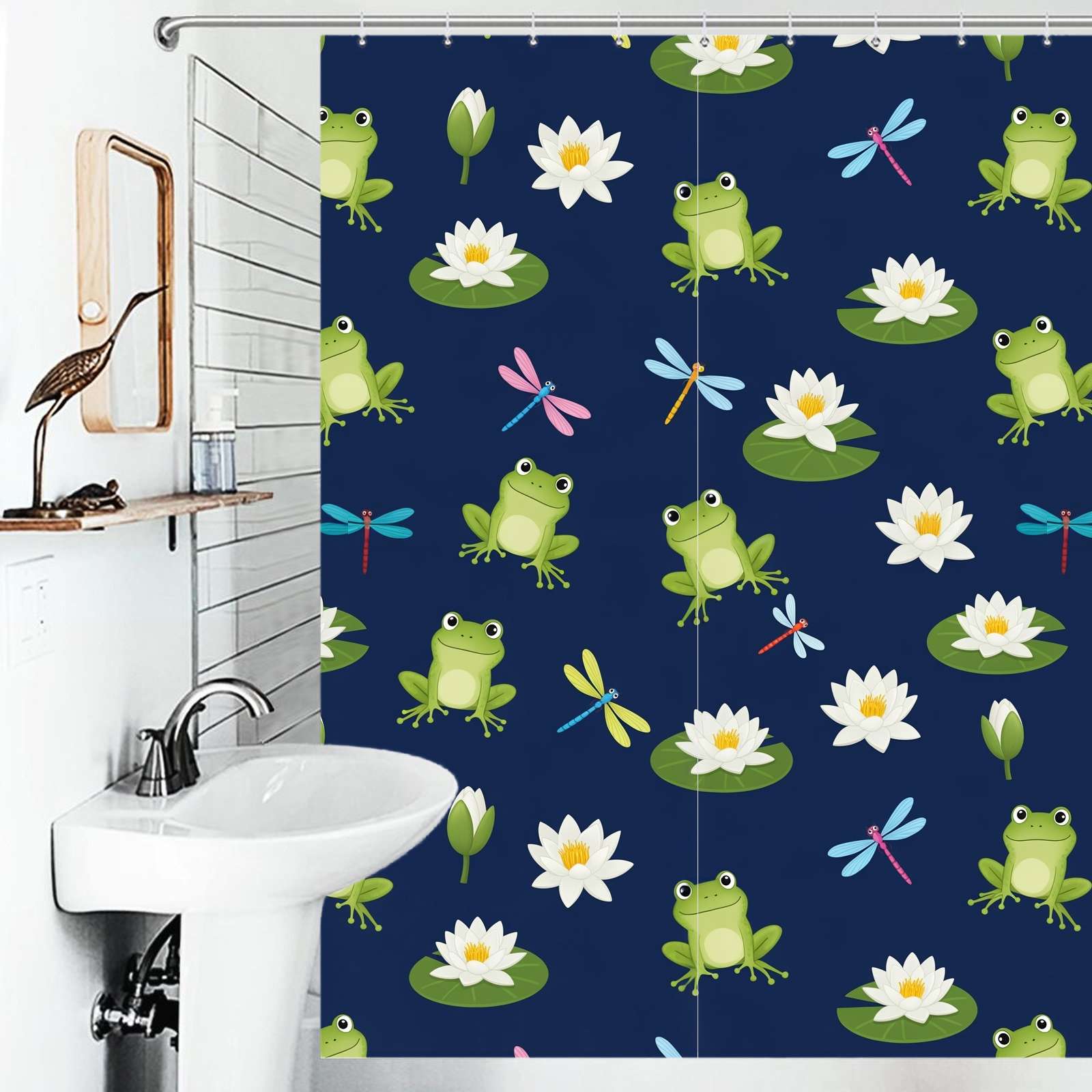 Shower Curtain Happy Frogs Lily Pads Dragonflies Blue Background Bath
