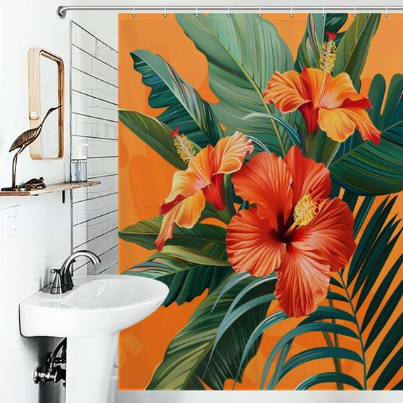 Shower Curtain Hawaiian Flower Tropical Flower Pattern Bath Curtain Polyester Fabric Bathroom Ration With Hooks